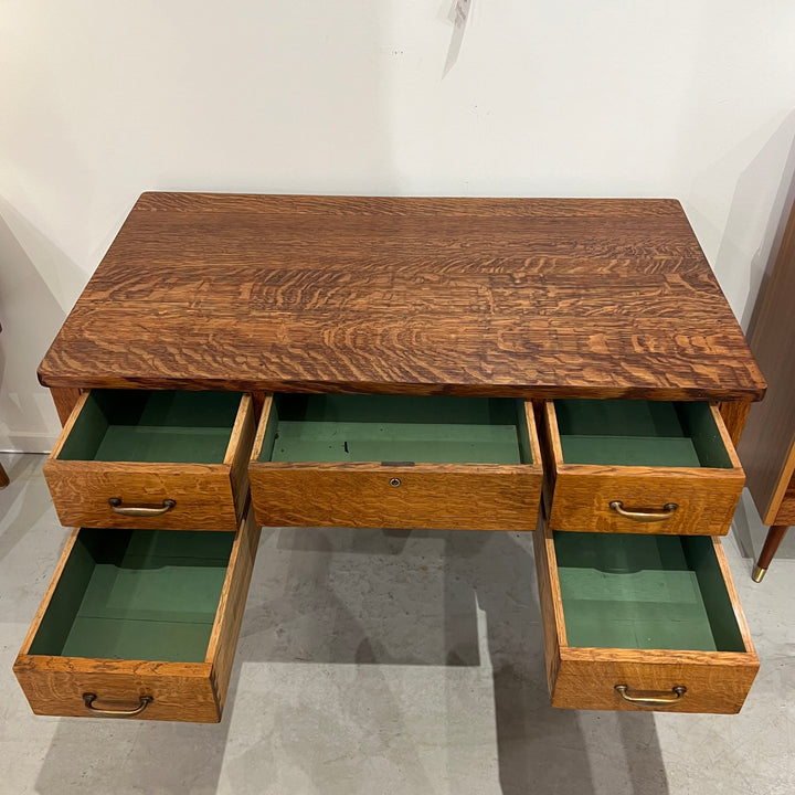 Antique Petite Solid Oak Desk w/Brass Pulls