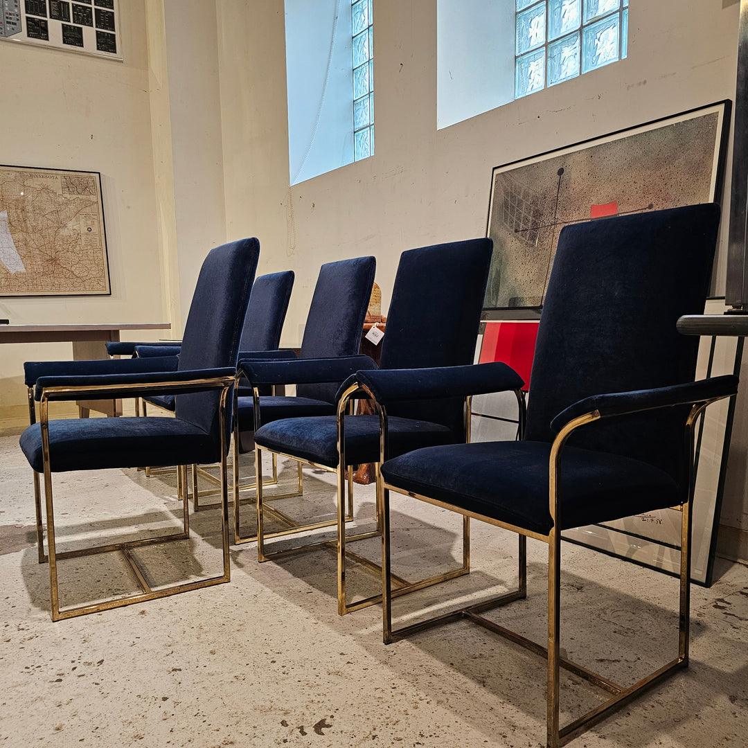 (6) Baughman Style Blue Velvet Upholstered Dining Chairs