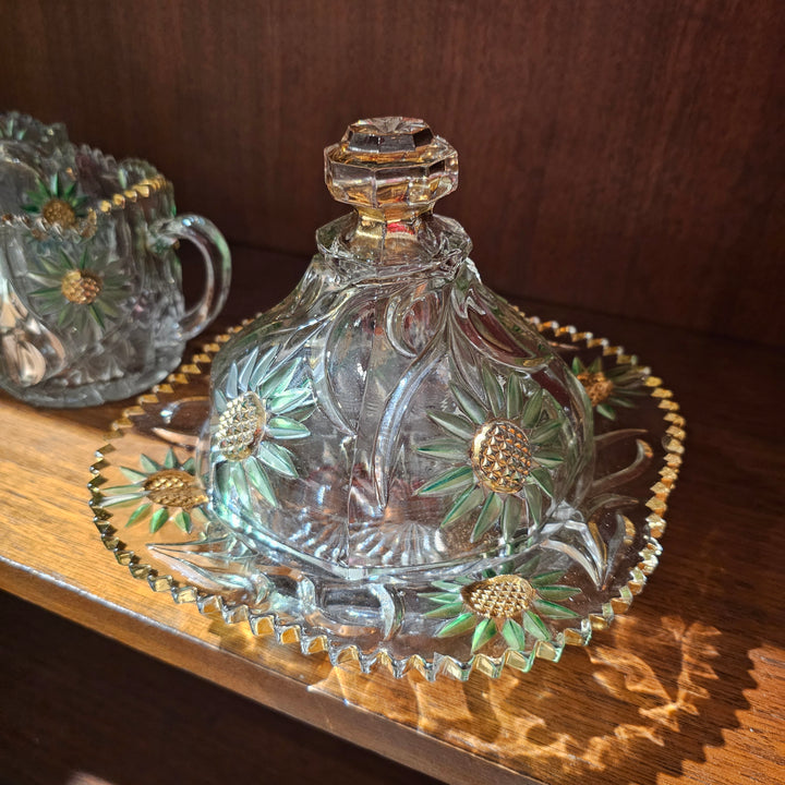 Vintage Set of 3 Intaglio Sunflower Green/Gold Glass Pieces